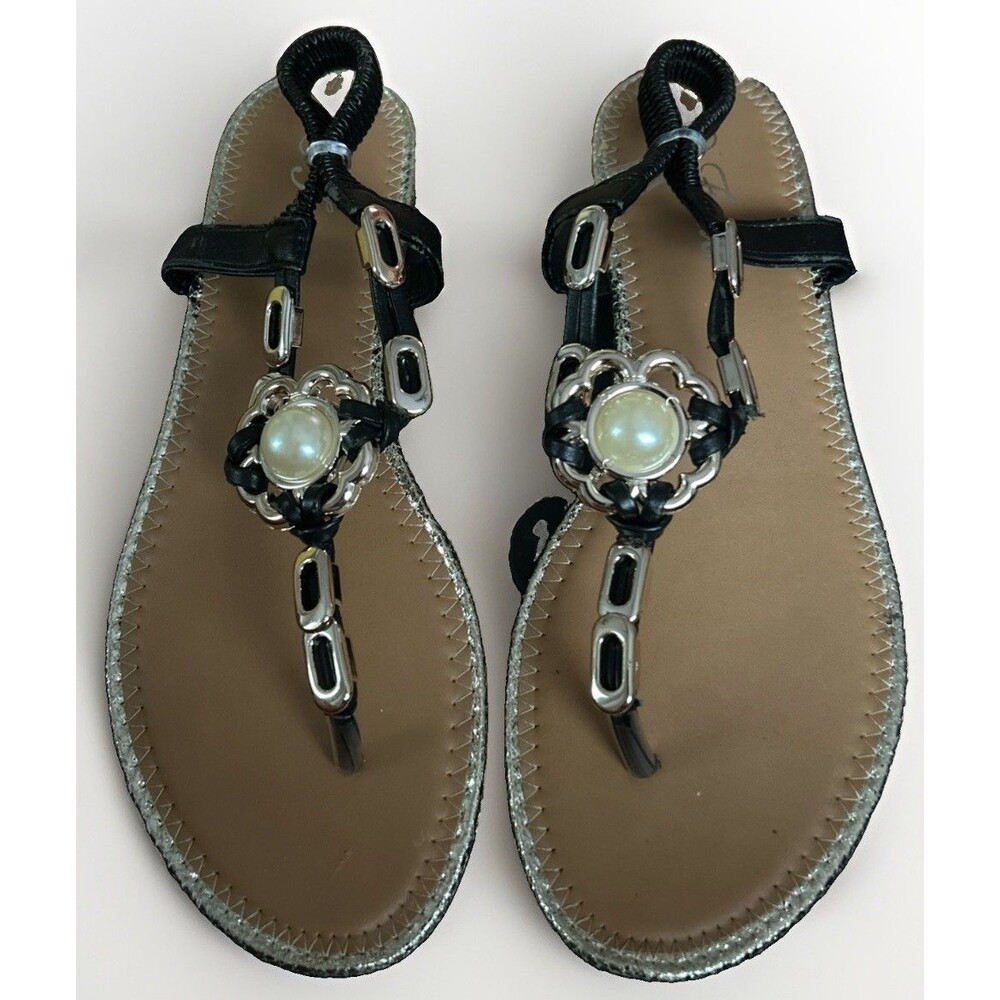 Forever Women's Reyna Comfort Pearl Embellished Thong Sandal Black Size 7.5 New